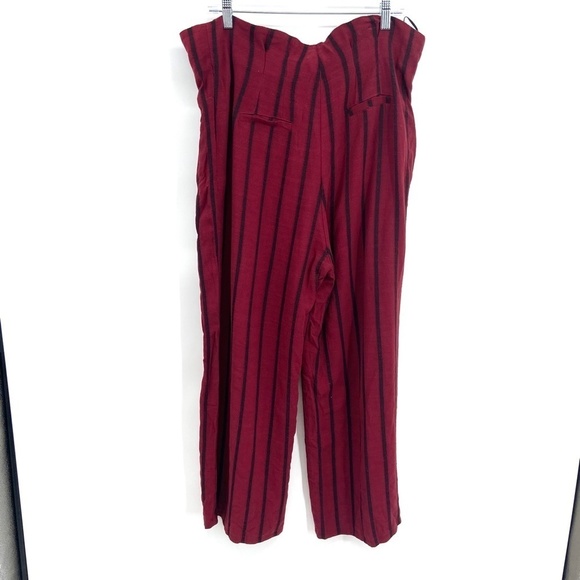 NWOT RESET Burgundy Black Stripe Linen Blend Paper Bag Wide Leg Pants - Picture 5 of 10